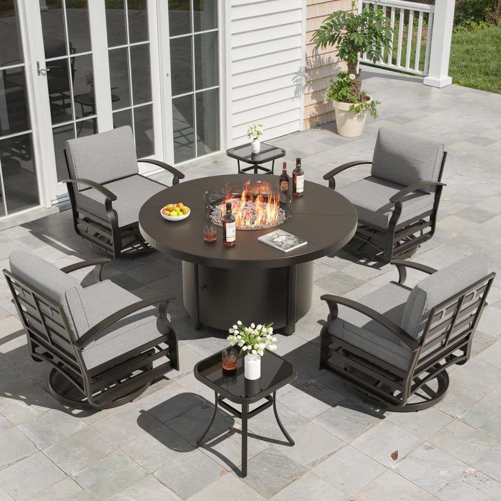 LOGOS FIRE TABLE + QUATTRO POD（STAND）SET Zerpod 7-Piece Metal Round Fire Pit Table Outdoor Dining Set with