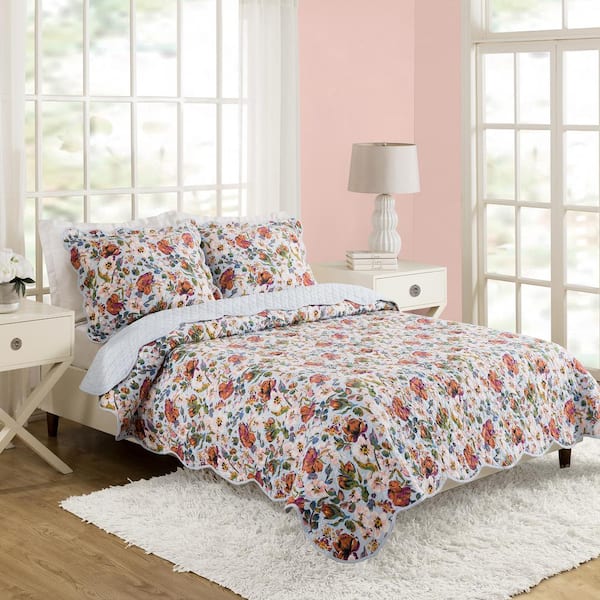 Full/Queen 3pc Mayflower Floral Quilt Set Red/Green - Makers Collective