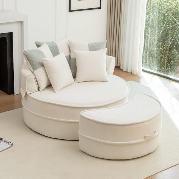 Luxury Collection Beige Chenille Upholstered Accent Arm Chair with 5-Pillows and Ottoman, (Set of 1)