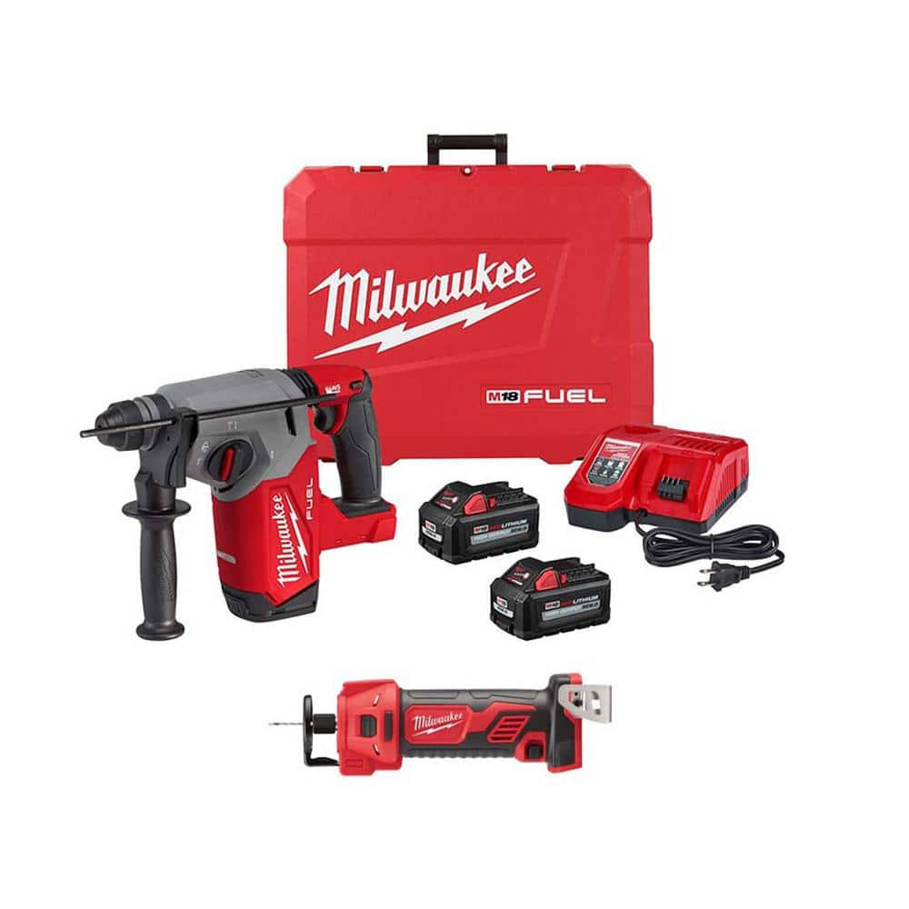 M18 FUEL 18V Lithium-Ion Brushless 1 in. Cordless SDS-Plus Rotary Hammer Kit w/Cut-Out Rotary Tool -  Milwaukee, 2912-22-2627-20