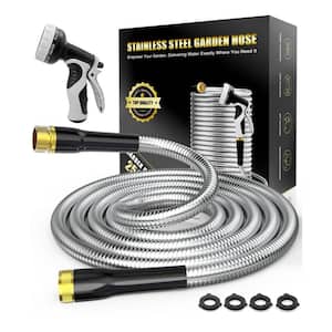 3/4 in. x 25 ft. Lightweight Flexible Metal Water Hose with 10 Function Nozzle for Yard, Silver