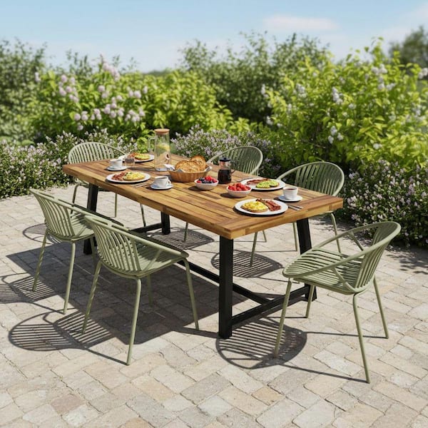 7-Piece Acacia Wood Expandable Outdoor Dining Set with Green Plastic Stackable Chair