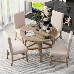 5-Piece Round Extendable Natural Wood Wash Wood Dining Set with Removable Middle Leaf, 4-Beige Linen Upholstered Chairs