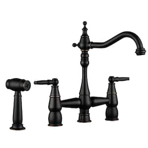 4 Hole Double Handle Bridge Kitchen Faucet with Side Sprayer Deck Mount in Oil Rubbed Bronze