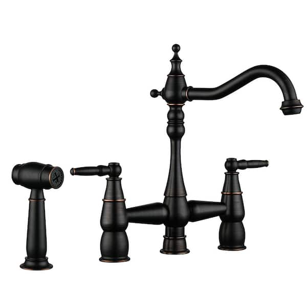 WOWOW 4 Hole Double Handle Bridge Kitchen Faucet with Side Sprayer Deck Mount in Oil Rubbed Bronze