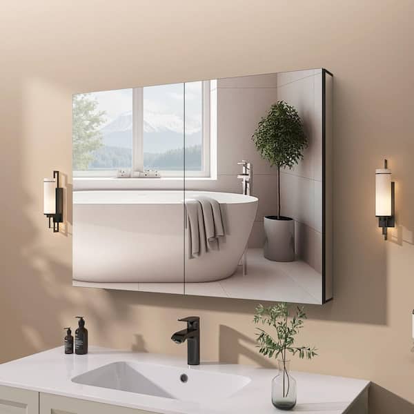 SHIN 40 in. W x 30 in. H Rectangular Aluminum Black Medicine Cabinet with Mirror for Bathroom Recessed/Surface Mount