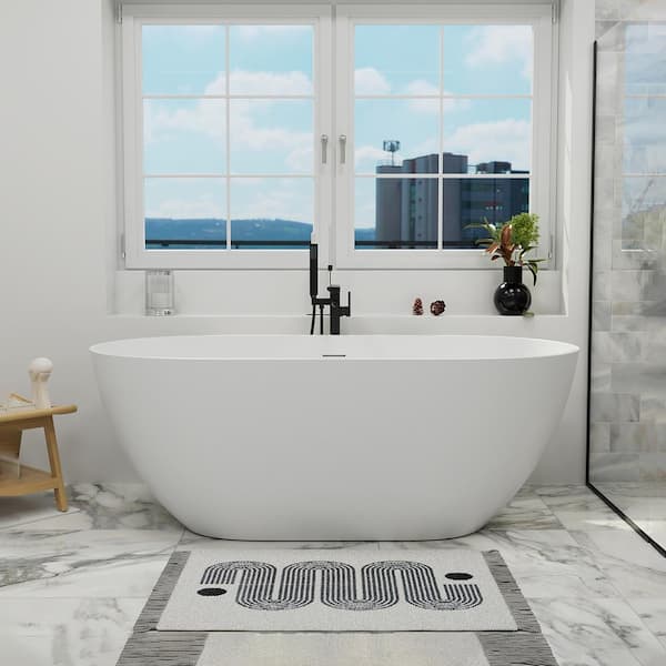 GIVING TREE 59 in. x 30 in. Solid Surface Soaking Freestanding Bathtub with Center Drain in White