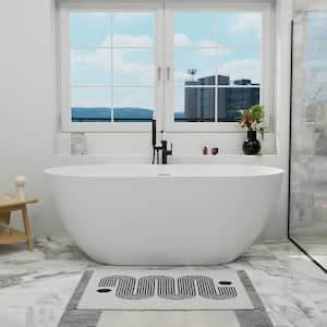 59 in. x 30 in. Solid Surface Soaking Freestanding Bathtub with Center Drain in White