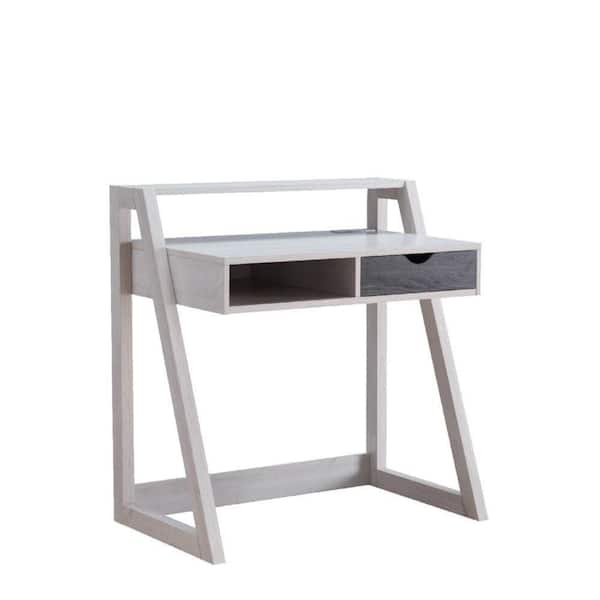 Benjara Ethan 21.75 in. Oak White 1-Drawer Writing Desk with Raised Shelf and Angled Frame
