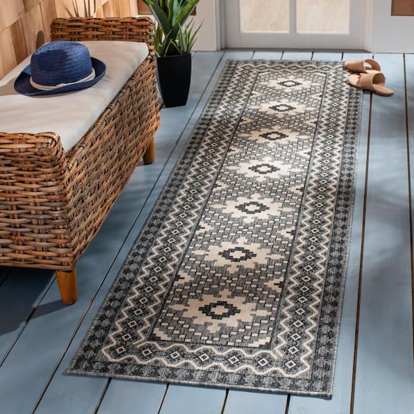 Veranda Ivory/Charcoal 2 ft. x 8 ft. Border Indoor/Outdoor Patio  Runner Rug