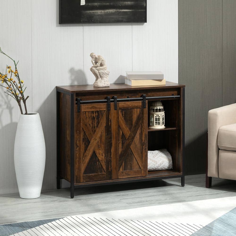 Rustic Brown Industrial Storage Sideboard with Sliding Barn Doors