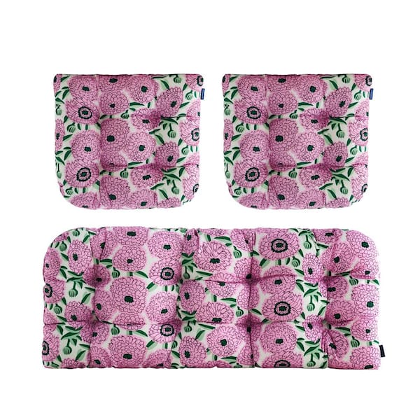 BLISSWALK 3-Piece Outdoor Chair Cushions Loveseats Outdoor Cushions Set Floral for Patio Furniture in Purple Pink H4" X W19"