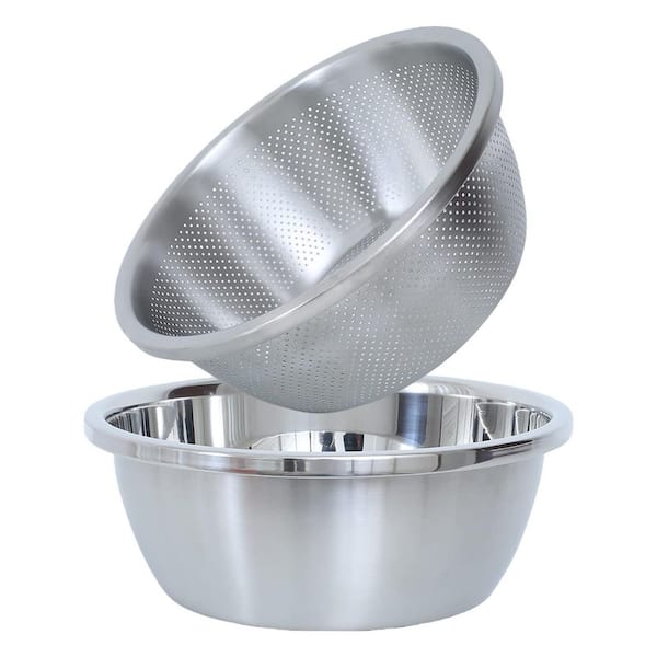 Silver 2 qt. Stainless Steel Microporous Colander, Large Capacity with Mixing Bowl for Washing Vegetables Fruit Set of 2