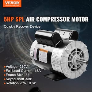 SPL Air Compressor Motor 5HP 5/8 in. Keyed Shaft Electric Single Phase Motor 230V 16/15 Amp 56HZ Frame CW/CCW Rotation