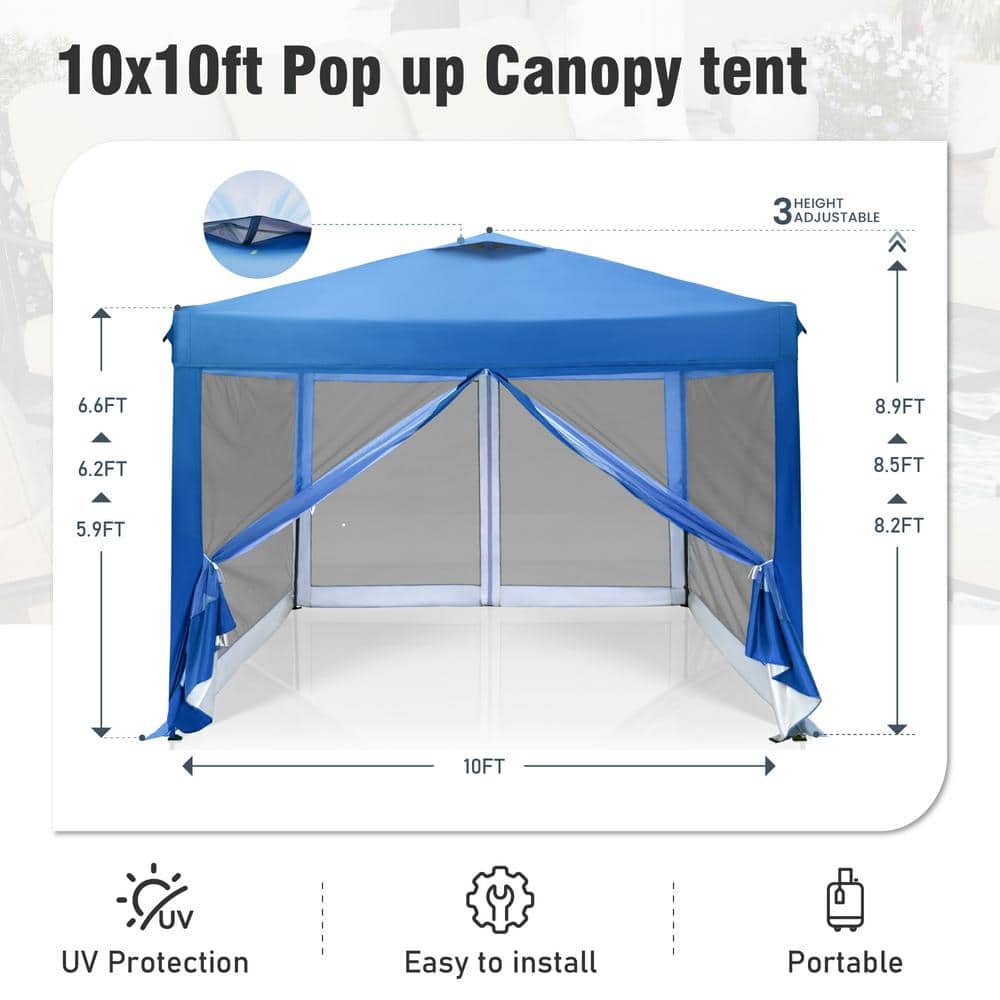 Blue 10' x 10' Pop-Up Canopy with Netting and Roller Bag