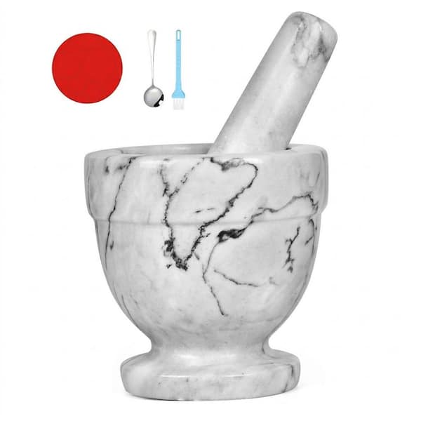 Marble White Gray Mortar and Pestle Set for Spices Seasonings Pestos Guacamole Herb Grinder with Brush Spoon