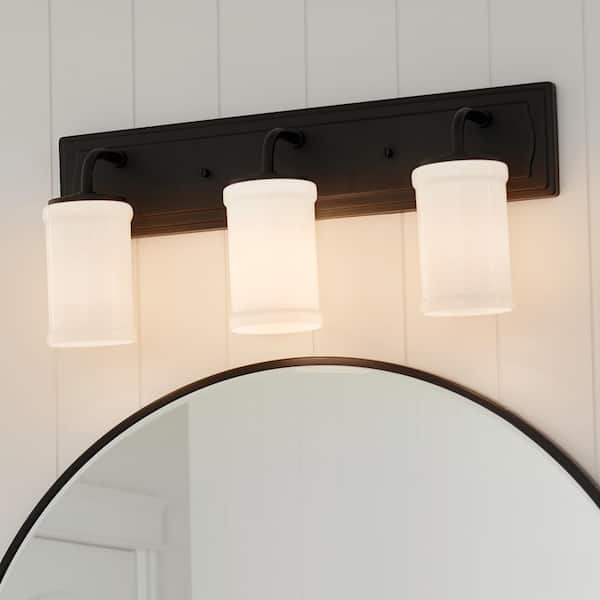 KICHLER Vetivene 24 in. 3-Light Textured Black Vintage Bathroom Vanity Light with Opal Glass Shades