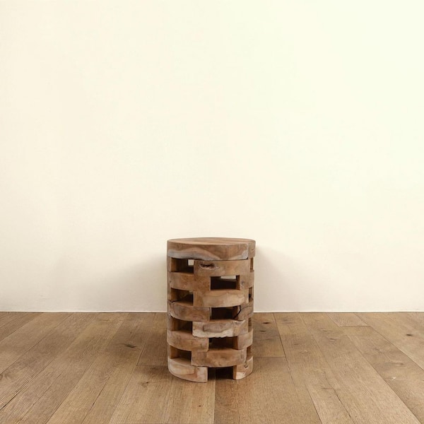 Storied Home 17.75 in. Natural Textured Surface Teak Wood Stool