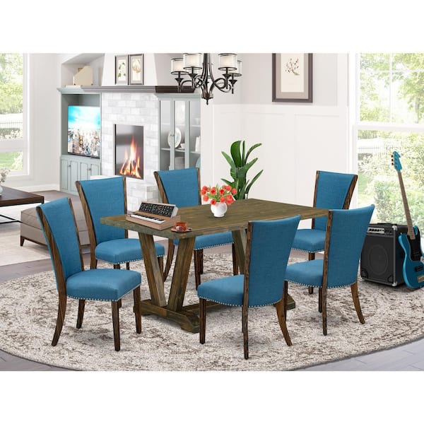 East West Furniture 7-Piece Distressed Jacobean Finish Solid Wood Top Dining Set with 1 table and 6 Upholstered-Chairs with Lattice Back