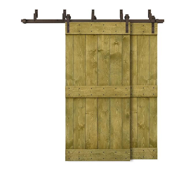 CALHOME 60 in. x 84 in. Mid-Bar Bypass Jungle Green Stained Solid Pine Wood Interior Double Sliding Barn Door with Hardware Kit