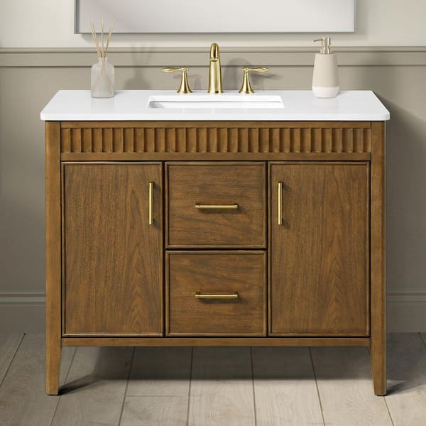 Juliette 42 in. Single Sink Freestanding Warm Walnut Bath Vanity with White Quartz Top