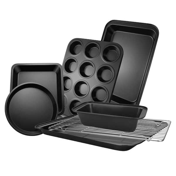7pcs Carbon Steel Nonstick Bakeware Set w Cake&Pizza Pan, Muffin Pan, Loaf Pan, Cookie Sheet, Roast Pan, Cooling Rack