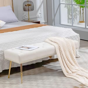 Modern White Velvet Ottoman Bench with Gold Base & Diamond Tufted Design for Bedroom