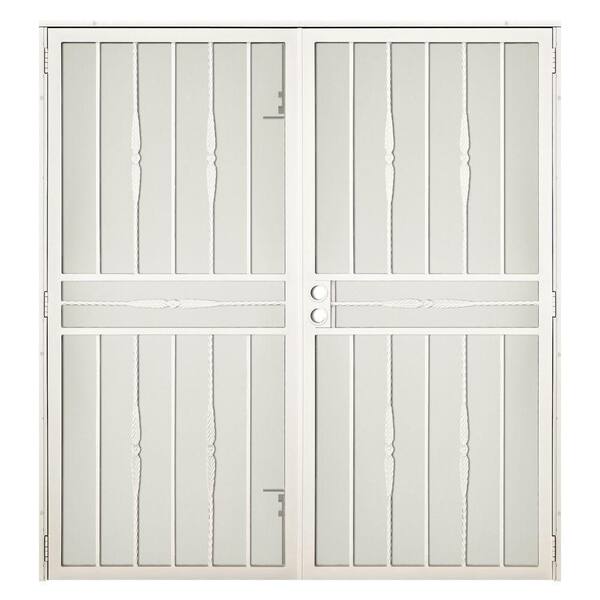 Unique Home Designs 60 in. x 80 in. Cottage Rose Navajo White Surface Mount Outswing Steel Security Double Door with Expanded Metal Screen
