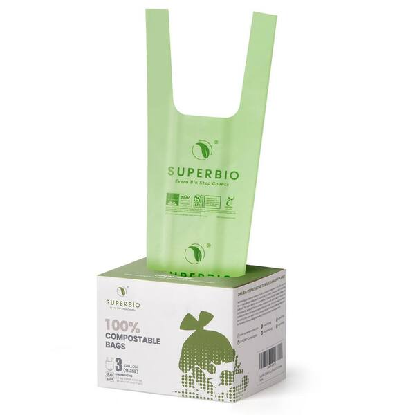 SUPERBIO 3 Gal. HeavyDuty EcoFriendly Biodegradable Compostable Trash Bags with Handle SU3GAL