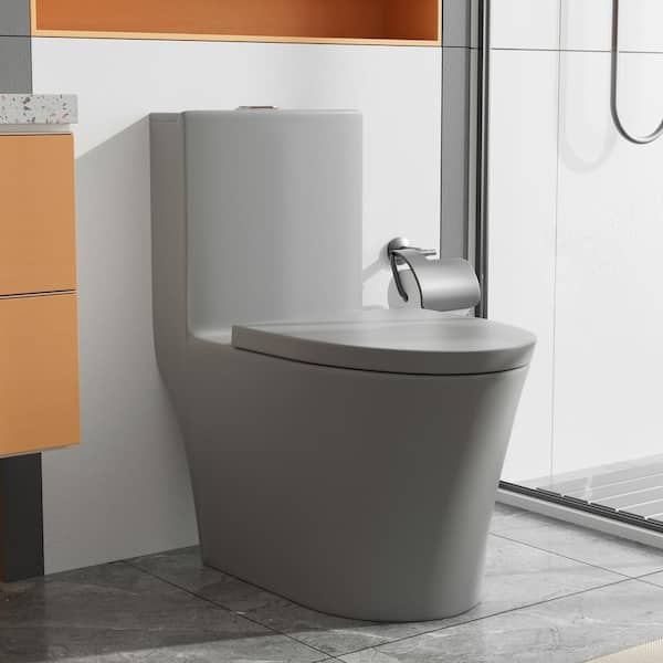 FUNKOL 12 in. 1-Piece 1.1/1.6 GPF Dual Flush Gray Porcelain Elongated Toilet in UF Heavy Duty Soft Close Seat Included