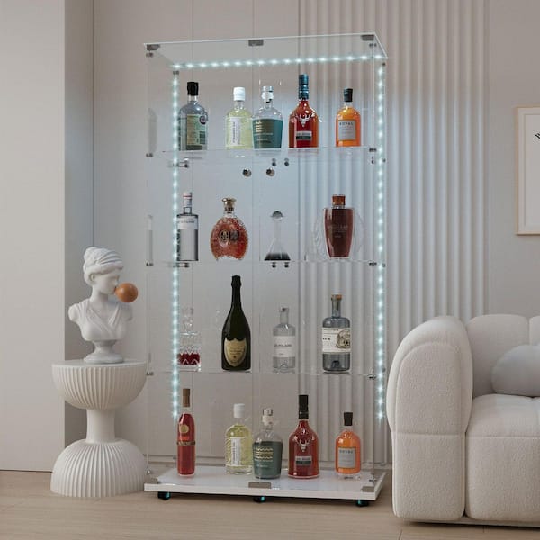 65 in. Tall White Glass Bookcase Lockable Display 4-Shelves with Bluetooth LED Strip Remote Control/APP