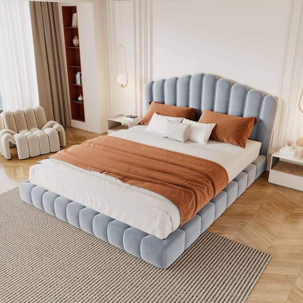 Harper & Bright Designs Shell-Shaped Light Blue Upholstered Velvet Wood Frame Queen Size Platform Bed