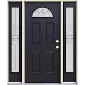 60 in. x 80 in. Left-Hand/Inswing Fan Lite Caldwell Decorative Glass Black Steel Prehung Front Door with Sidelites