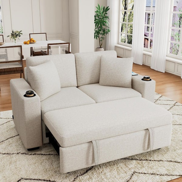 60.6 in. Beige Chenille Mini Full Size Convertible Sofa Bed with USB Ports and Dual Cup Holders