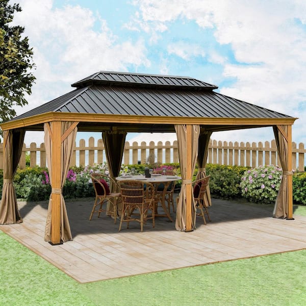 12 ft. x 20 ft. Yellow Brown Wood Grain Aluminum Double Galvanized Steel Roof Gazebo with Mosquito Netting and Curtains