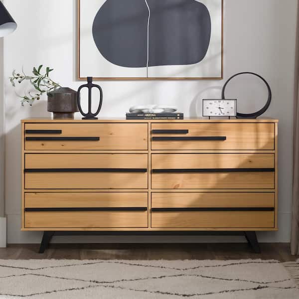 Walker Edison Furniture Company Modern 2-Tone Accented Natural Pine 6 Drawer 60 in. Solid Wood Dresser