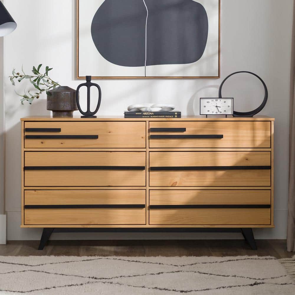 Natural Pine Mid-Century Modern 6-Drawer Solid Wood Dresser