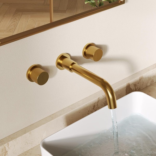 Wall Mount Bathroom Faucet with 2 Handles, Pop-Up Drain, 360° Swivel Spout in Brushed Gold
