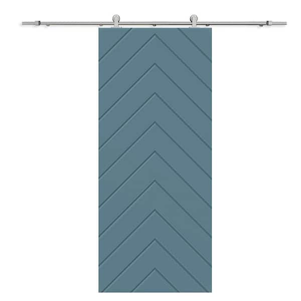 CALHOME Herringbone 24 in. x 80 in. Fully Assembled Dignity Blue Painted MDF Modern Sliding Barn Door with Hardware Kit