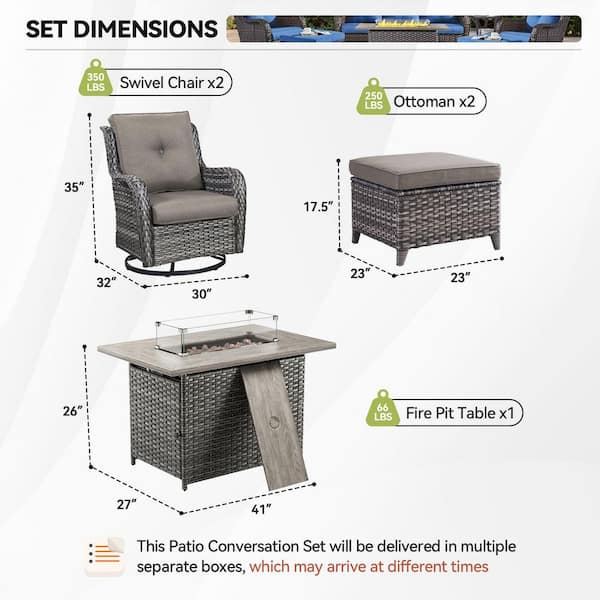Arcline 5-Piece Gray Wicker Fire Pit Conversation Set with Olefin Gray Cushions and Swivel Gliders and Ottoman