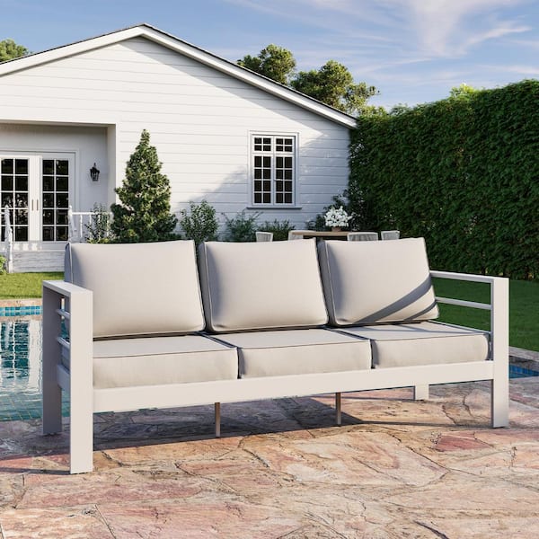Oversized White Aluminum Outdoor Patio 3-Seat Couch with 5 in. Light Gray Cushions