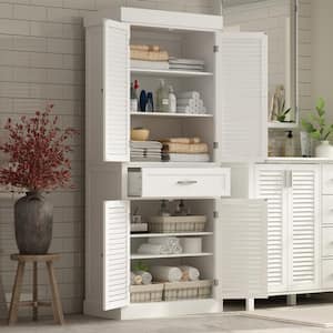 30 in. W x 15.7 in. D x 71.6 in. H White Wood Freestanding Linen Cabinet Bath Cabinet with Louvered Doors and Drawer