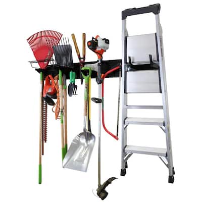 8 in. H x 64 in. W Garage Tool Storage Lawn and Garden Tool Organizer Rack with Black Metal Pegboard and Hook Assortment