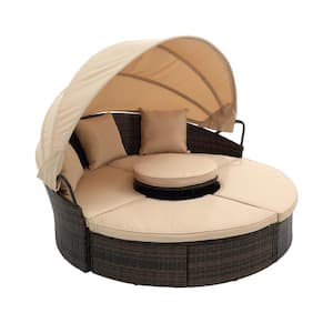 Brown Rattan Wicker Steel Frame Outdoor Sectional Daybed Sunbed with Retractable Canopy and Beige Cushions