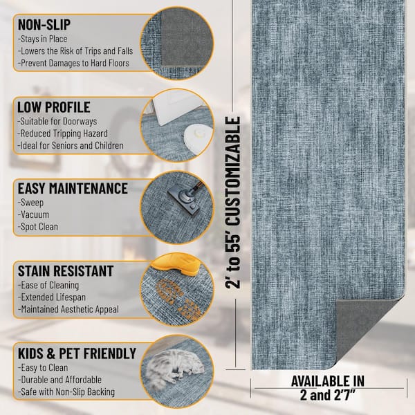 Ascend Non-Slip Rubberback Solid Blue 3 ft. x 7 ft. Indoor Custom Cut Runner Rug
