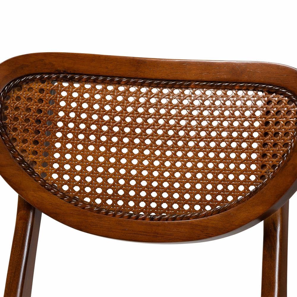 Mid-Century Walnut Brown Wood and Woven Rattan Dining Set