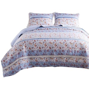Joa 2-Piece Blue and white Floral Print Microfiber Twin Quilt Set with Lace Trim