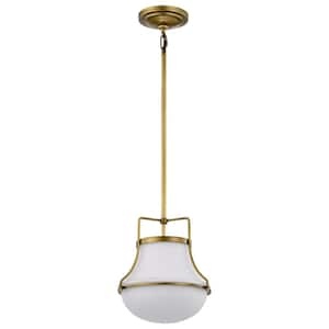 Valdora 60-Watt 1-Light Natural Brass Shaded Pendant Light with White Opal Glass Shade and No Bulbs Included