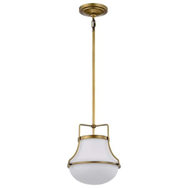 SATCO Valdora 60-Watt 1-Light Natural Brass Shaded Pendant Light with White Opal Glass Shade and No Bulbs Included