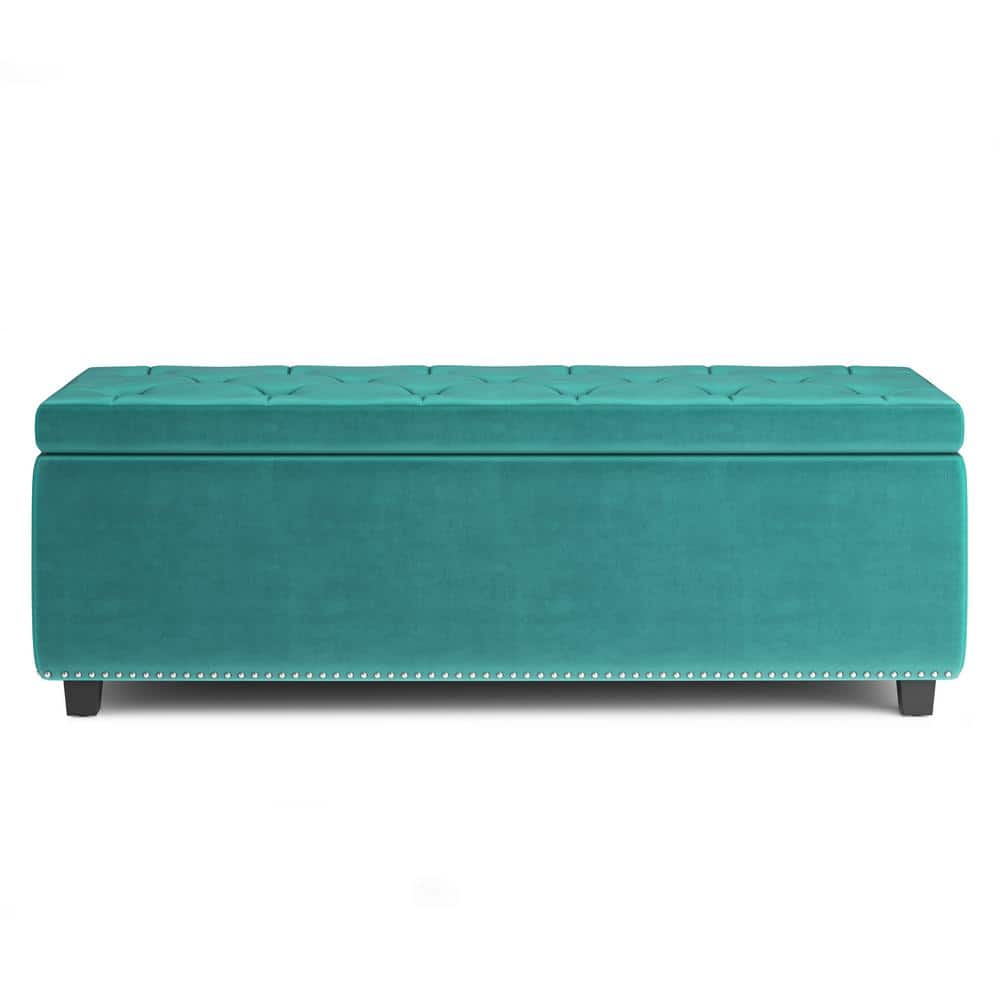 Aqua Blue Velvet Tufted Large Rectangular Storage Footstool